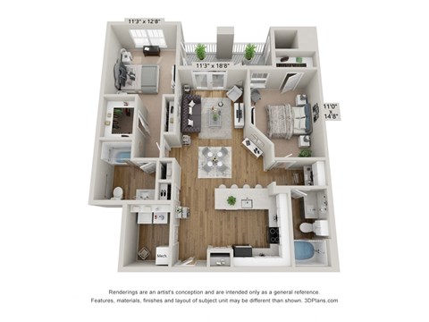 Floor plan for 2 beds, 2 baths, 1168 sqft